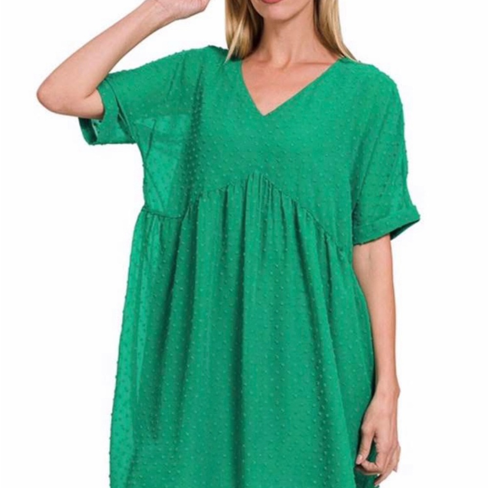 Zenana  Swiss Dot Babydoll V Neck  Lined Mini Dress Womens Size L